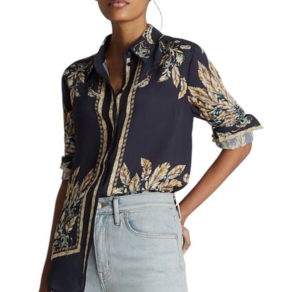 Reiss Tiff Feather Printed Button Down Blouse size 4 Navy Blue - Picture 2 of 12
